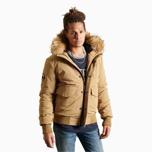 Superdry Snorkel Bomber Everest Beige Fur-Lined Hooded Coat NWT $170